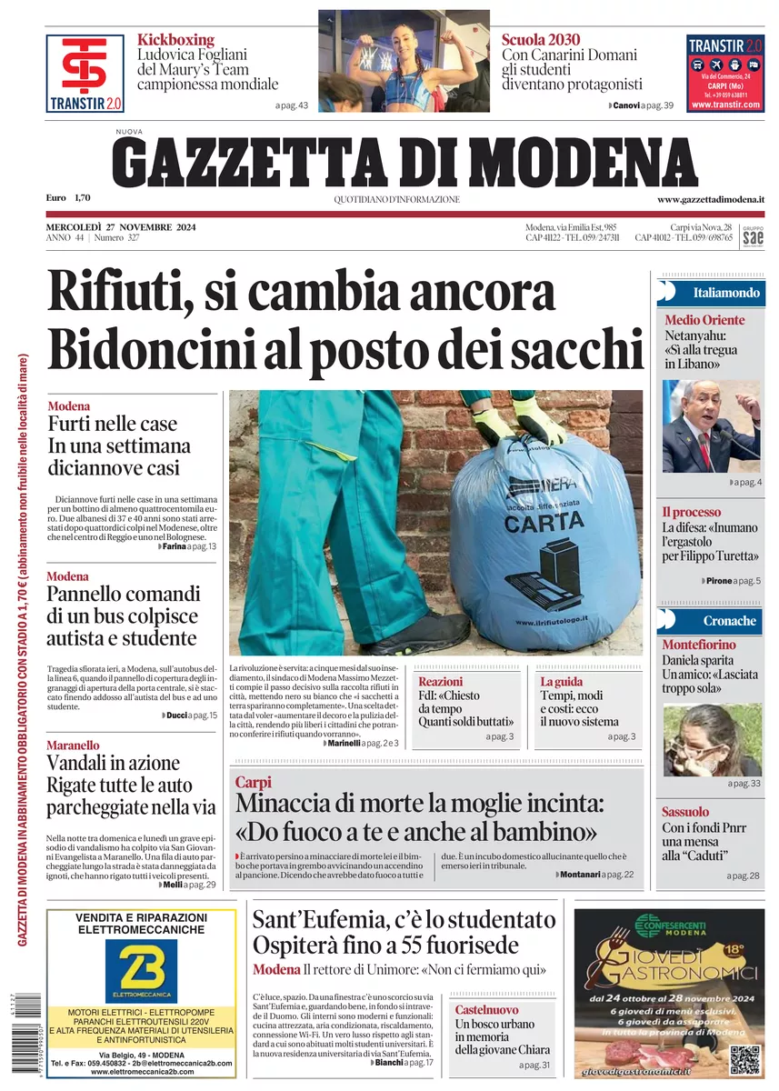 Prima-pagina-gazzetta di modena-oggi-edizione-del-2024-11-27